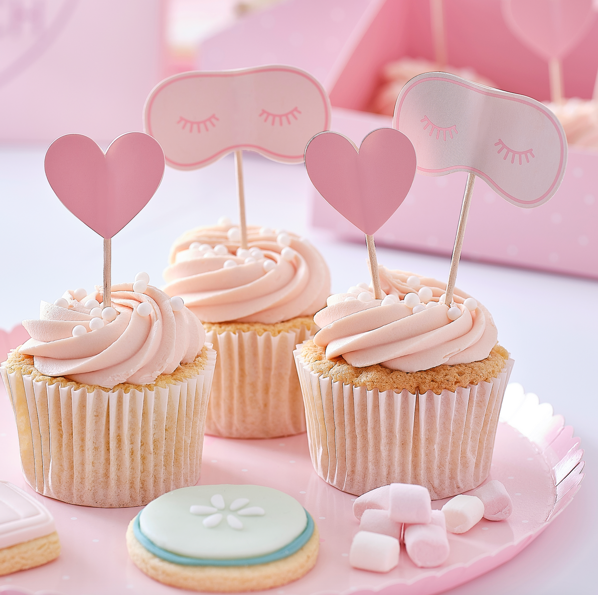 Pink Eye Mask &amp; Heart Pamper Party Cupcake Toppers