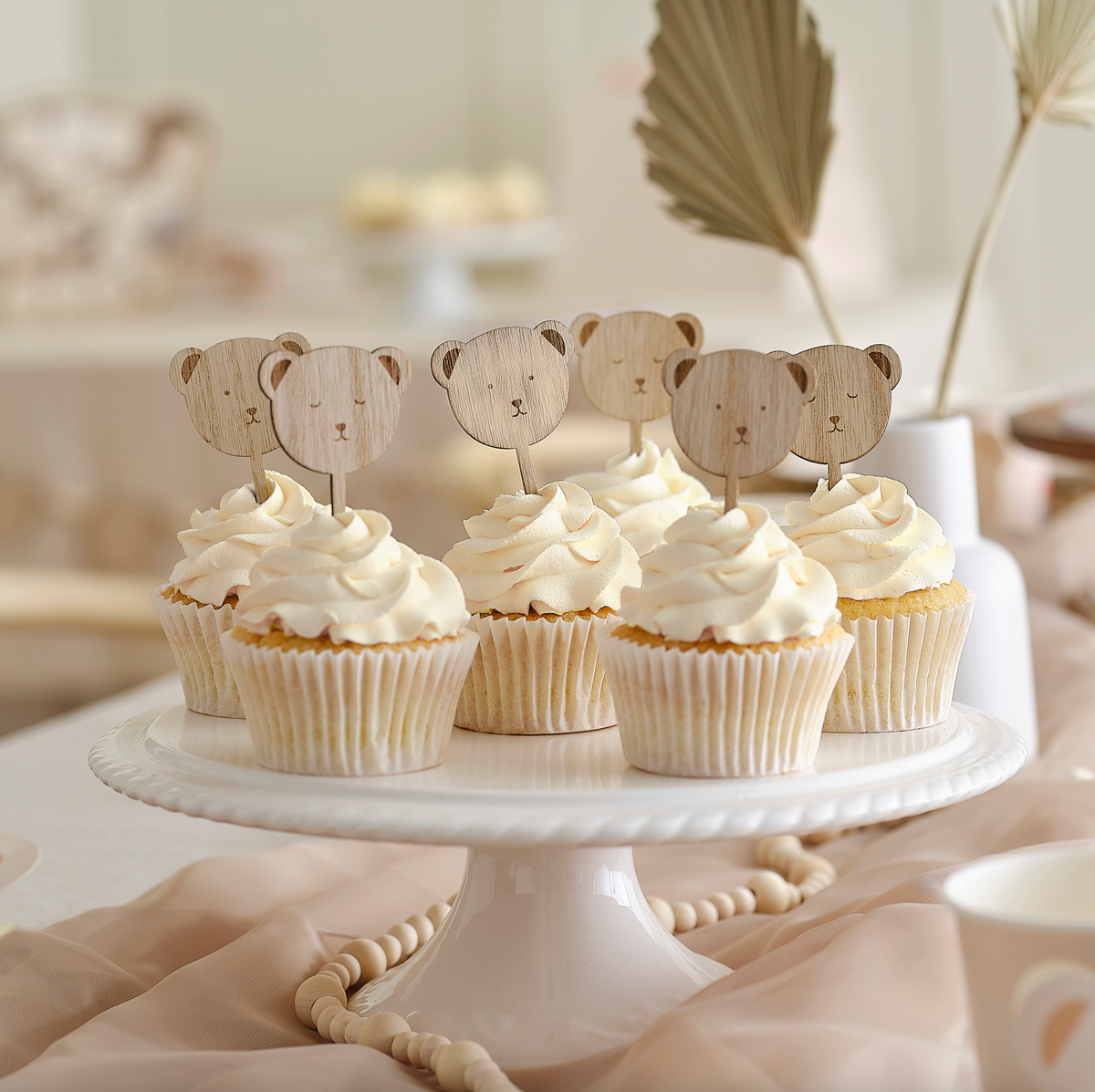 Wooden Teddy Bear Baby Shower Cupcake Toppers