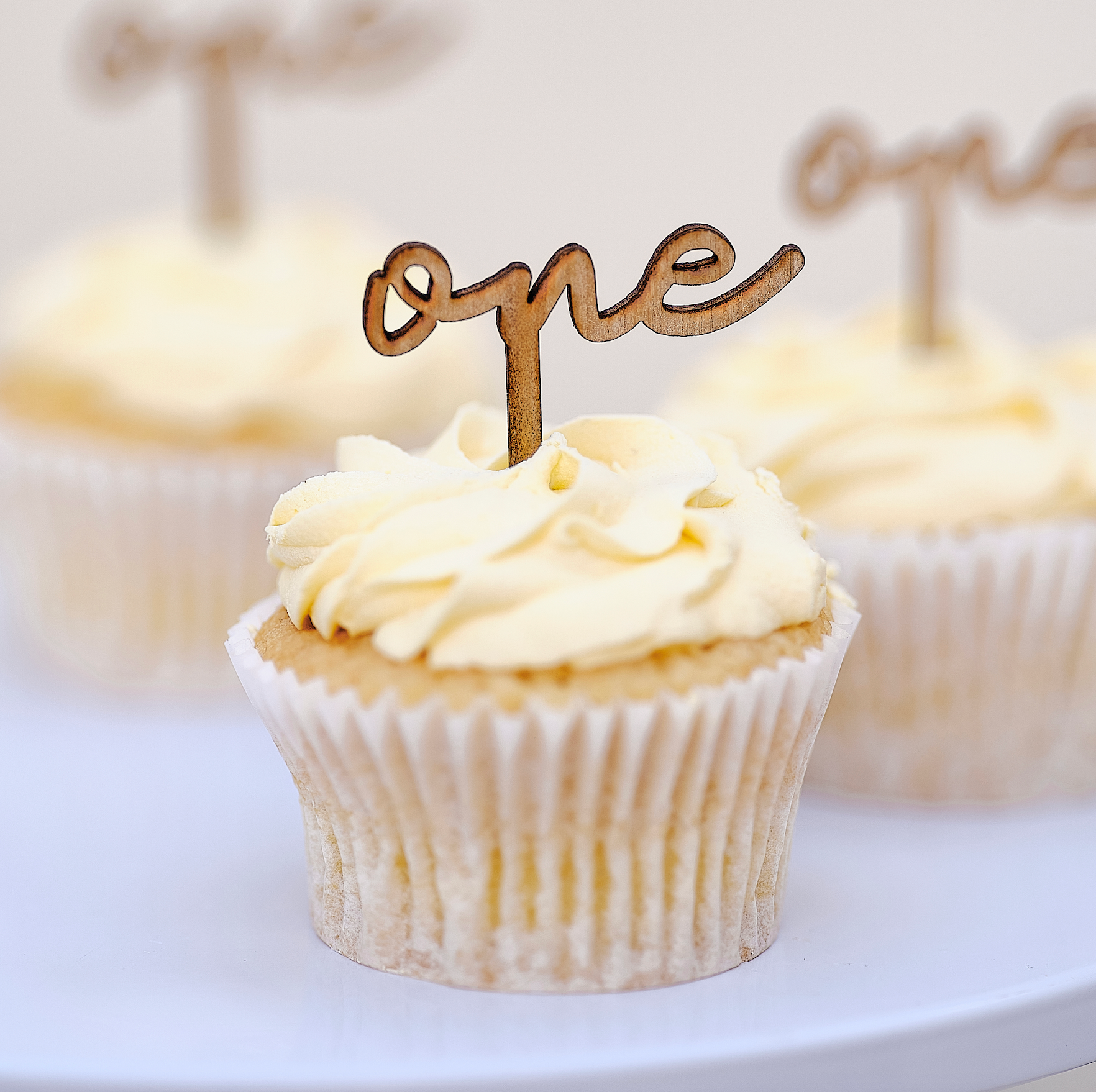 Wooden 'One' 1st Birthday Cupcake Toppers