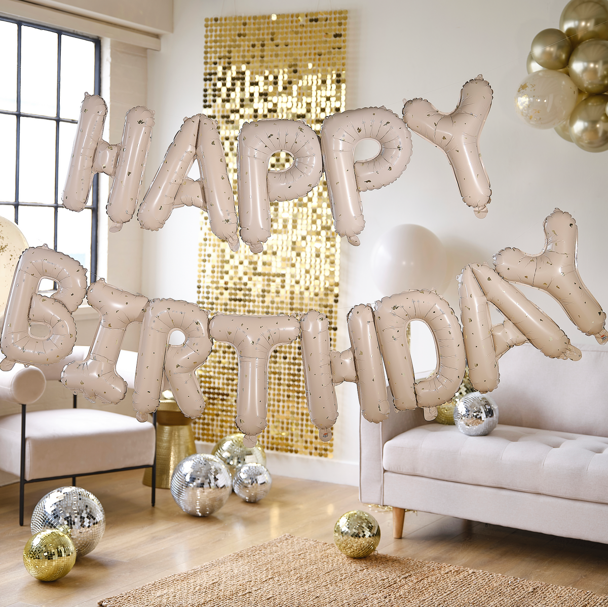 Nude and Gold Speckle Happy Birthday Balloon Bunting