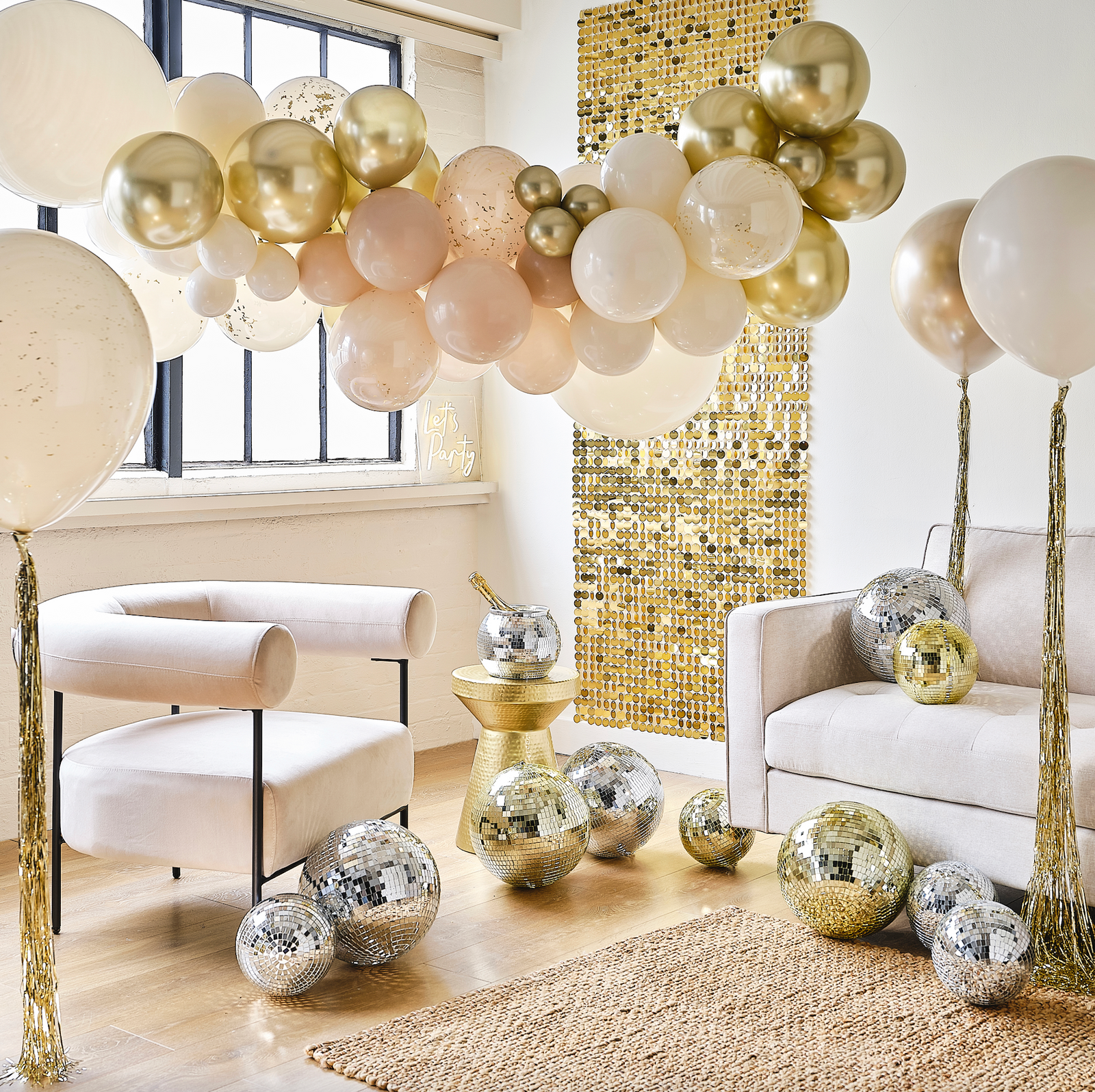 Gold Foil Curtain Backdrop with Cream Paper Streamers