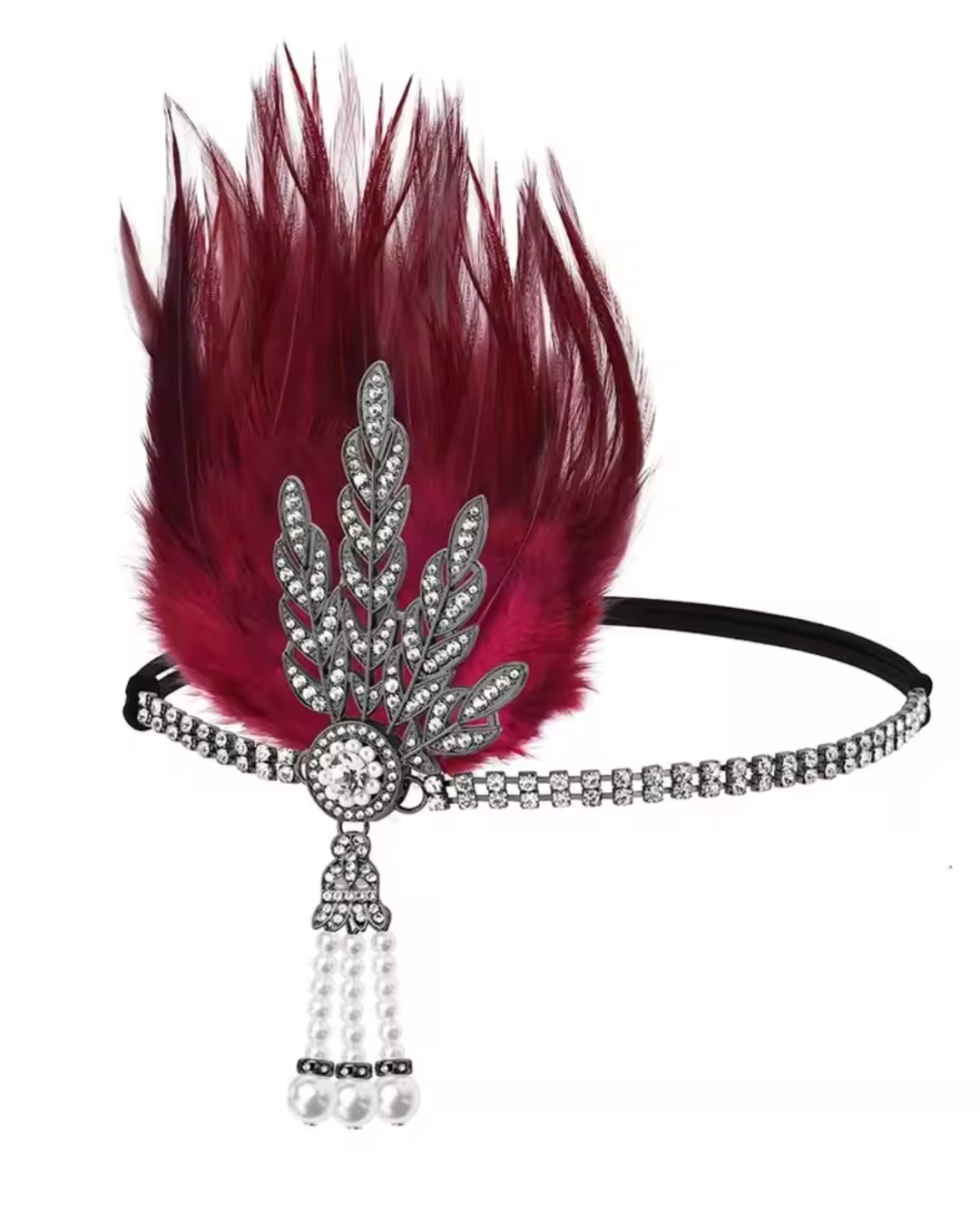 Burgundy Feather &amp; Rhinestone Headband