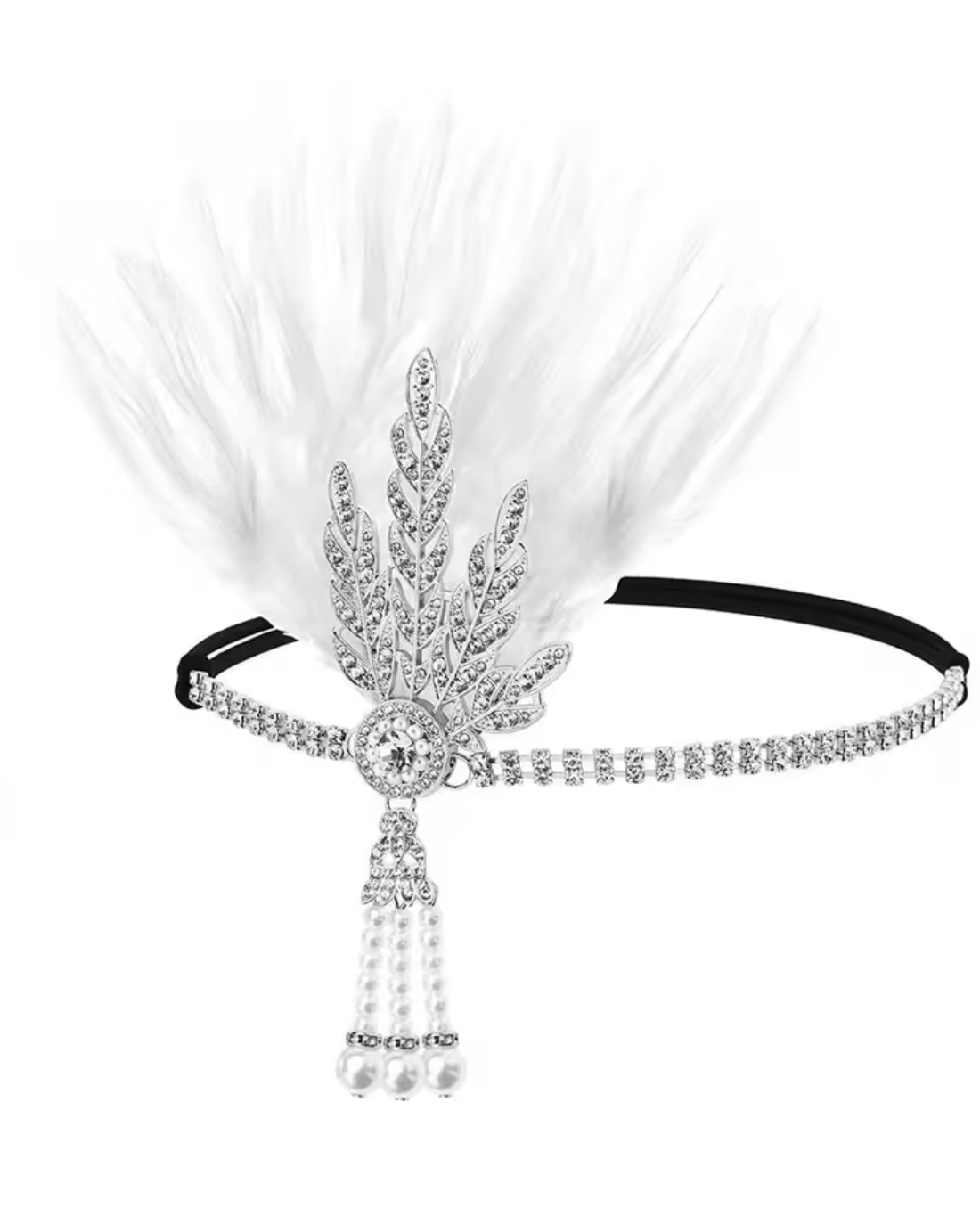 White Feather & Rhinestone Headband