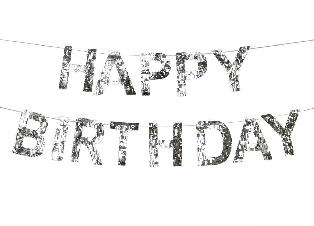Black &#39;Happy Birthday&#39; banner on a white background