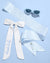 White sash with 'bride to be' text, sunglasses, and a brooch on a light blue background