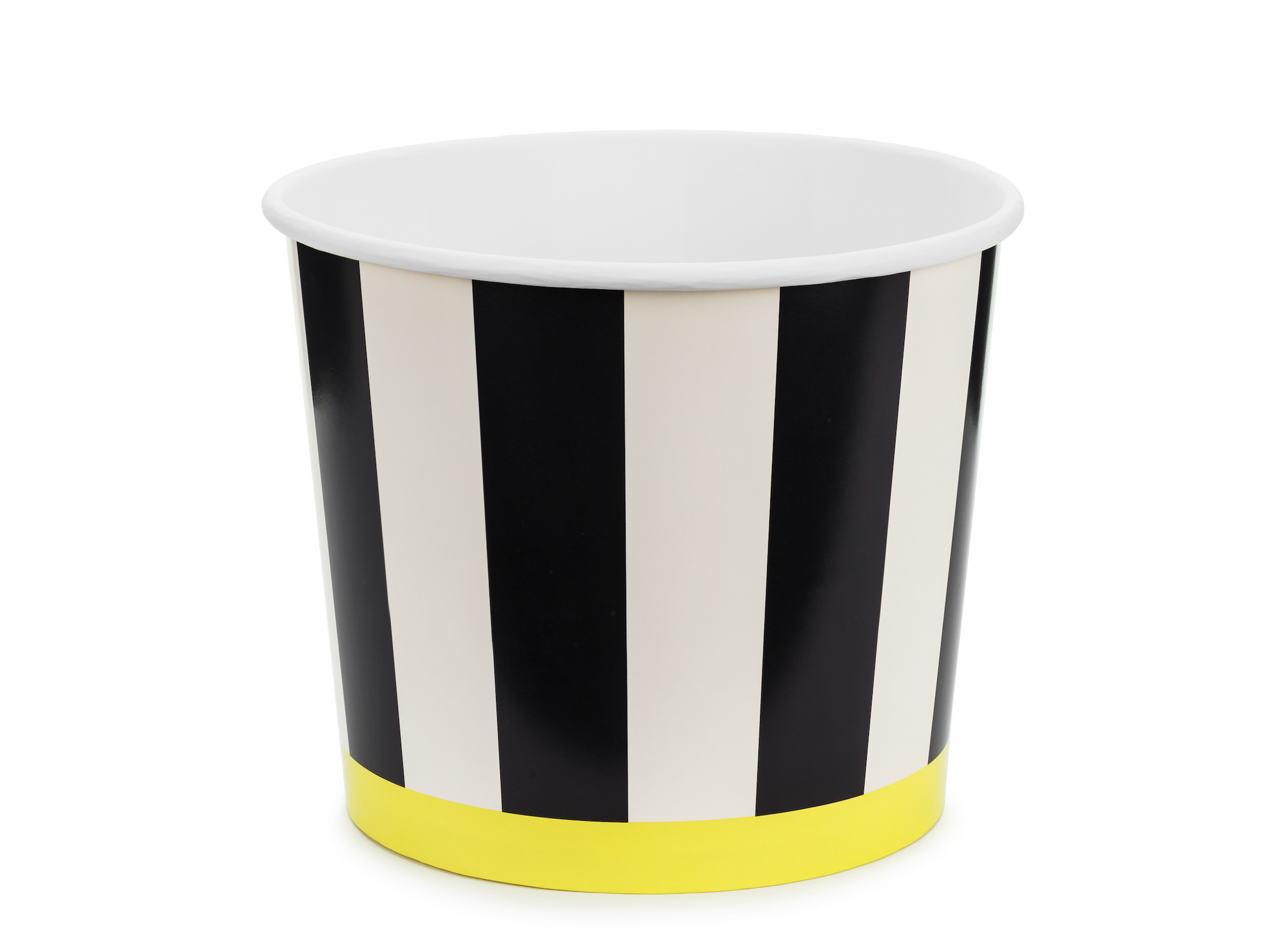 Black and white striped paper cup with a yellow base on a white background