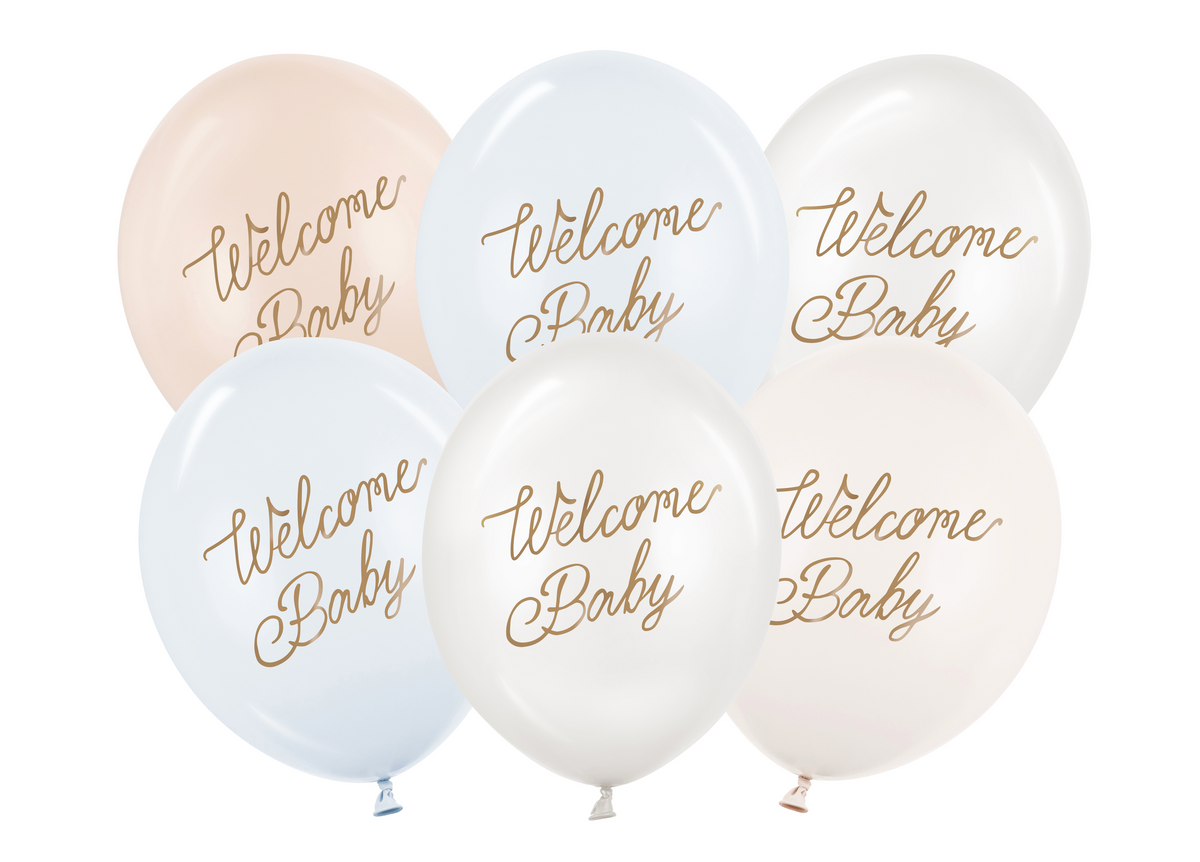 White balloons with &#39;Welcome Baby&#39; text in gold on a white background