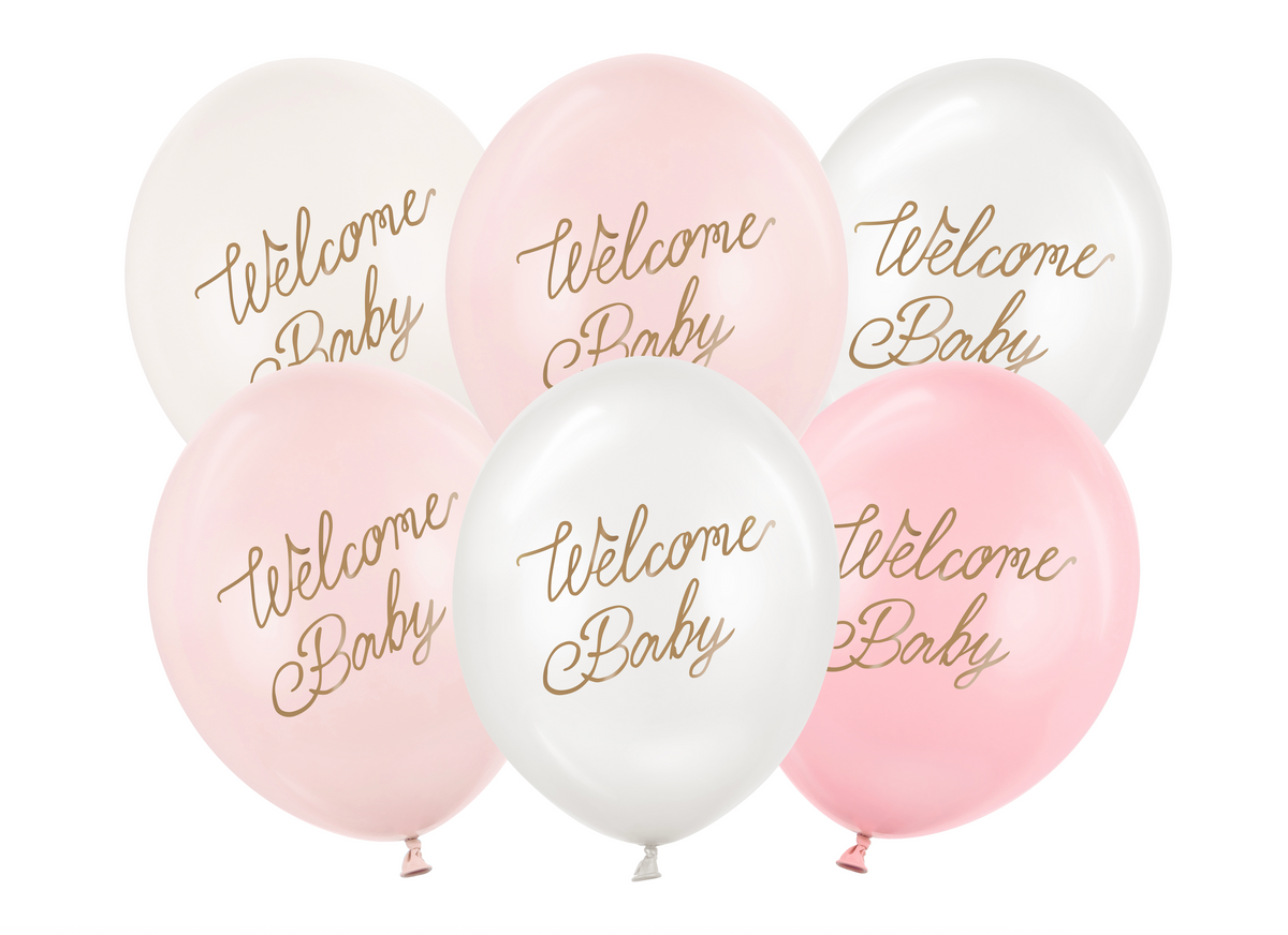 Pink and white balloons with &#39;Welcome Baby&#39; text on a white background