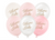 Pink and white balloons with 'Welcome Baby' text on a white background