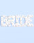 White balloon letters spelling 'BRIDE' with blue bow decorations on a light blue background