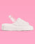 White fluffy slippers with 'Bride' straps on a pink background