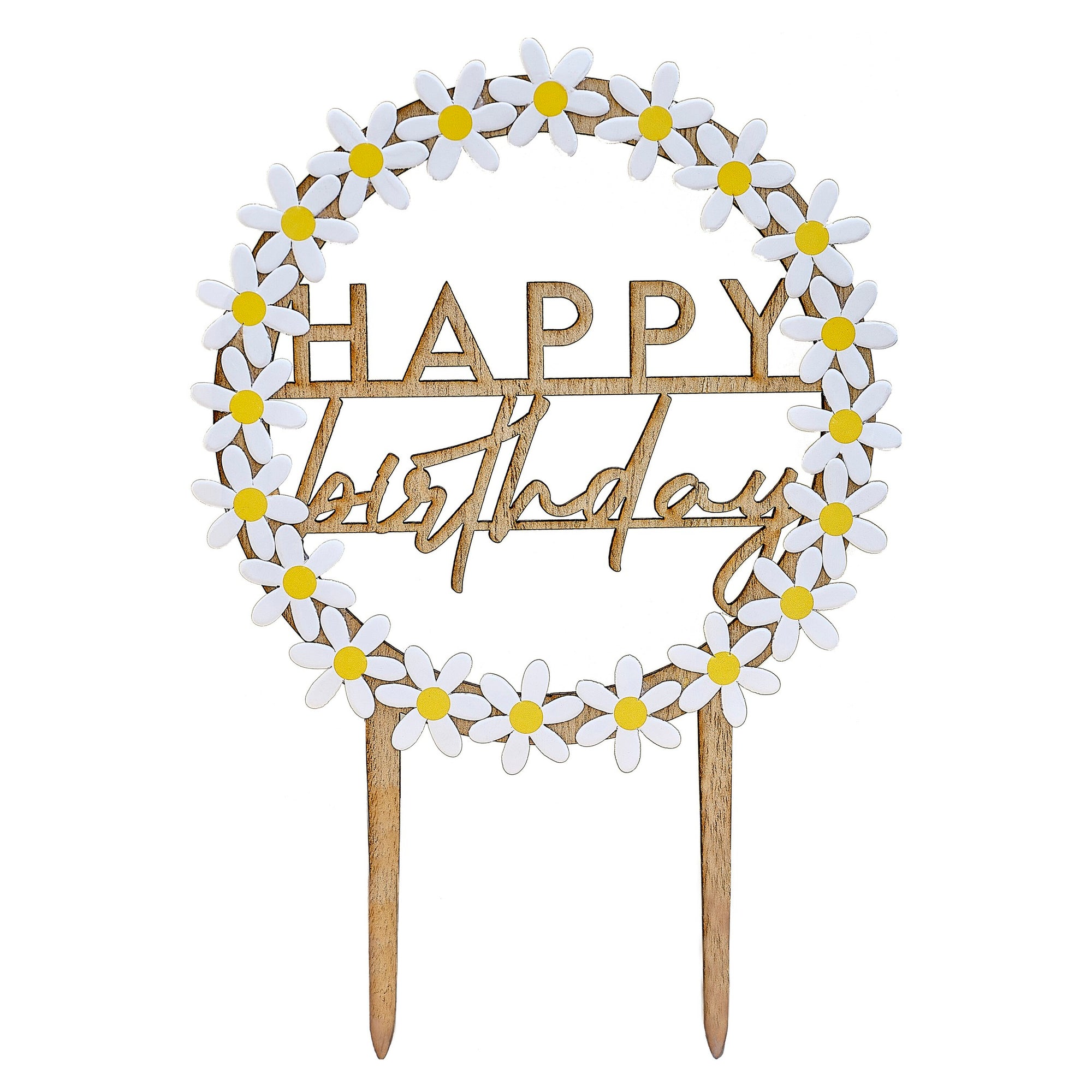 Wooden Happy Birthday Cake Topper with Daisies