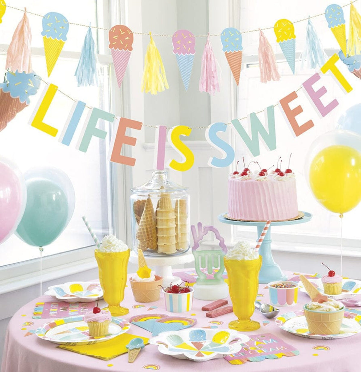 Life is Sweet Ice Cream Banner with MinI Foil Balloons