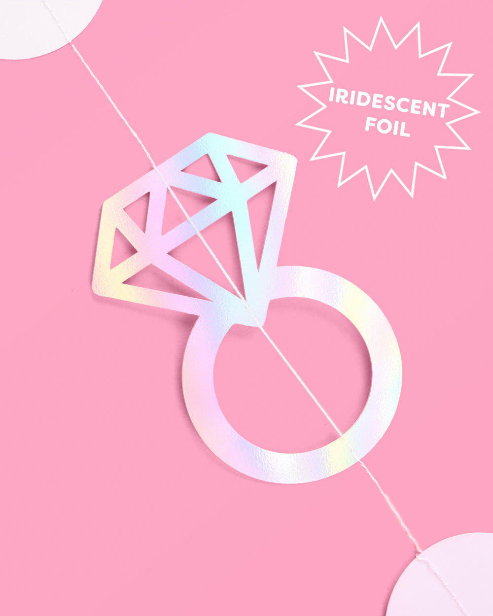 Iridescent foil diamond ring design on a pink background with &#39;Iridescent Foil&#39; text.