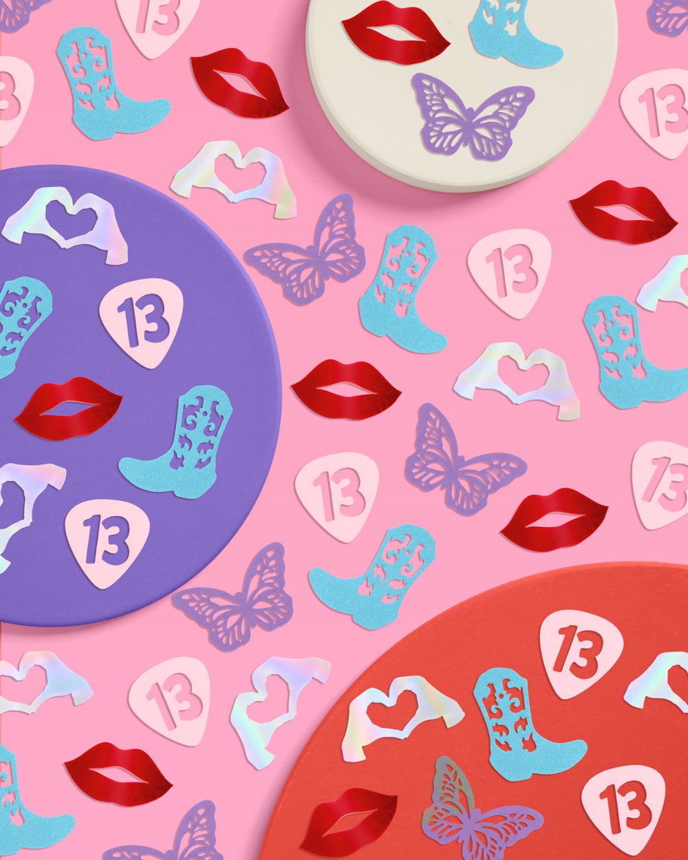 Colorful decorative plates with designs on a pink background