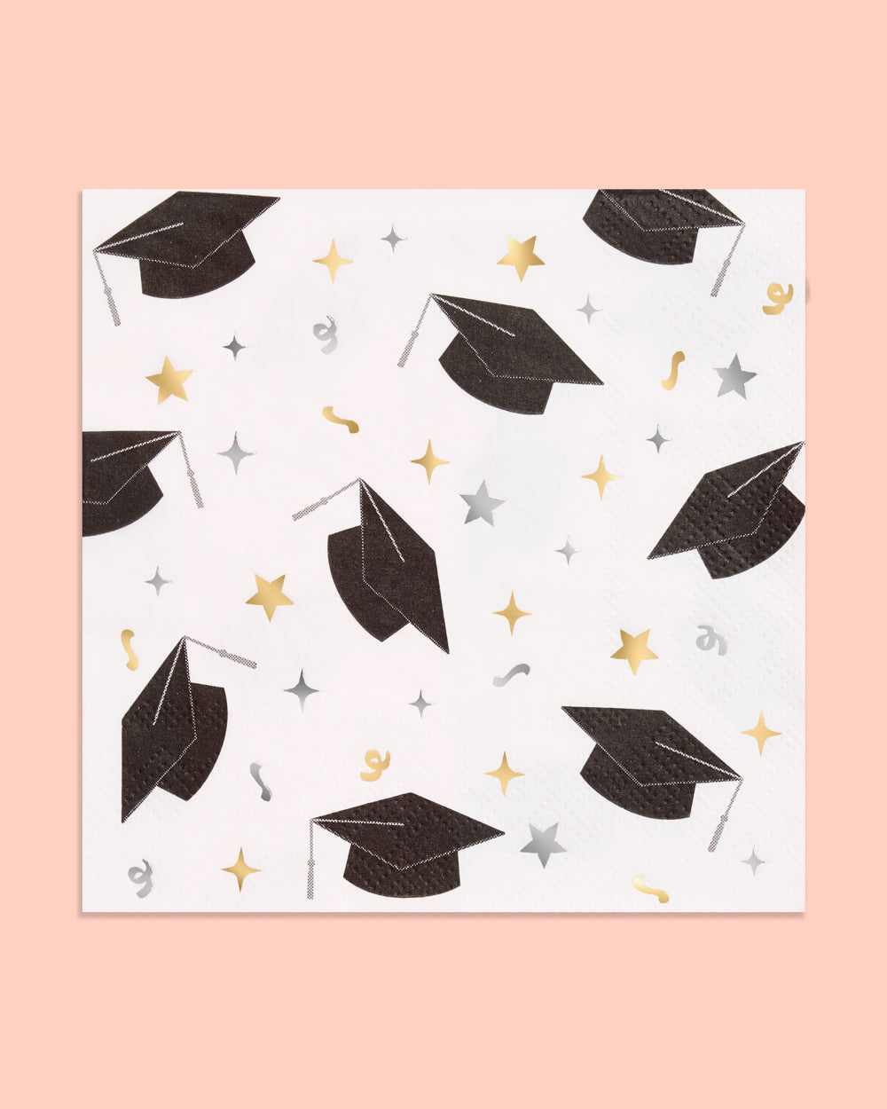 Pattern of graduation caps and stars on a white background with a pink border