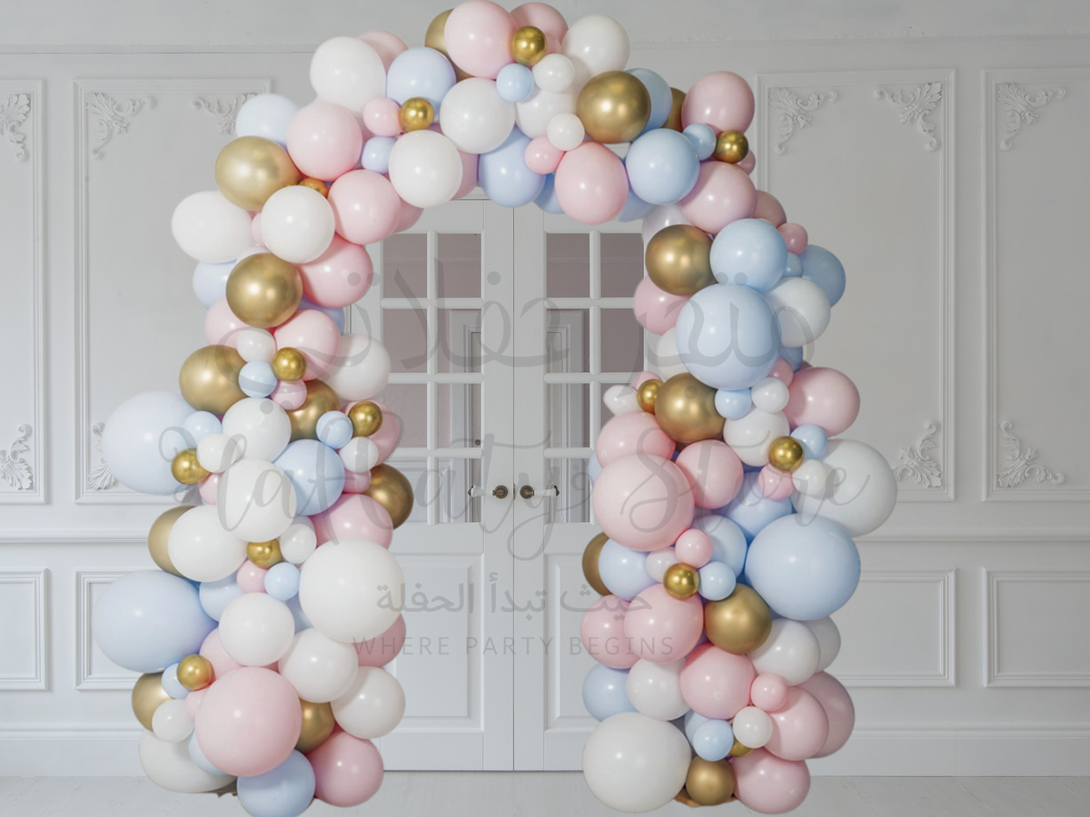 Pastel Pink, Blue &amp; Gold Balloon Arch