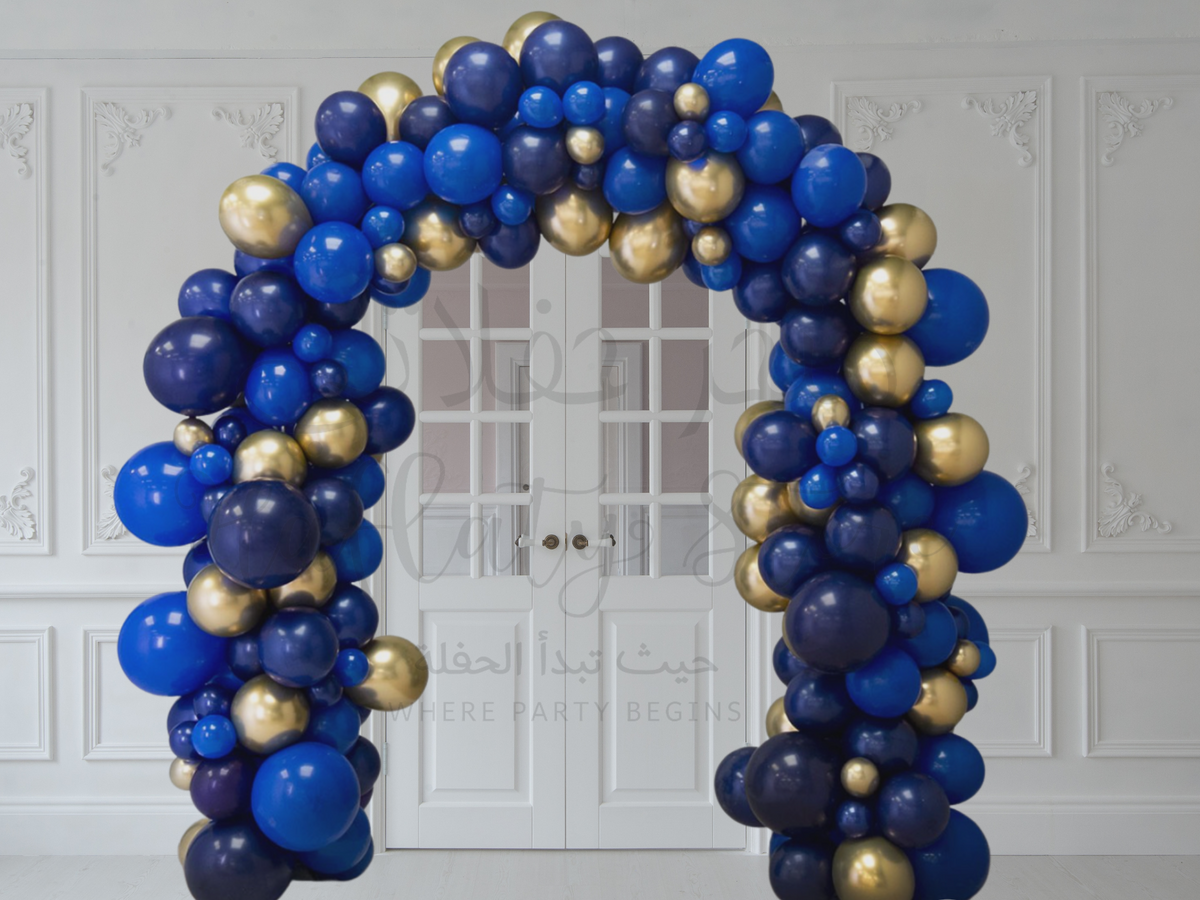 Blue &amp; Chrome Gold Balloon Arch