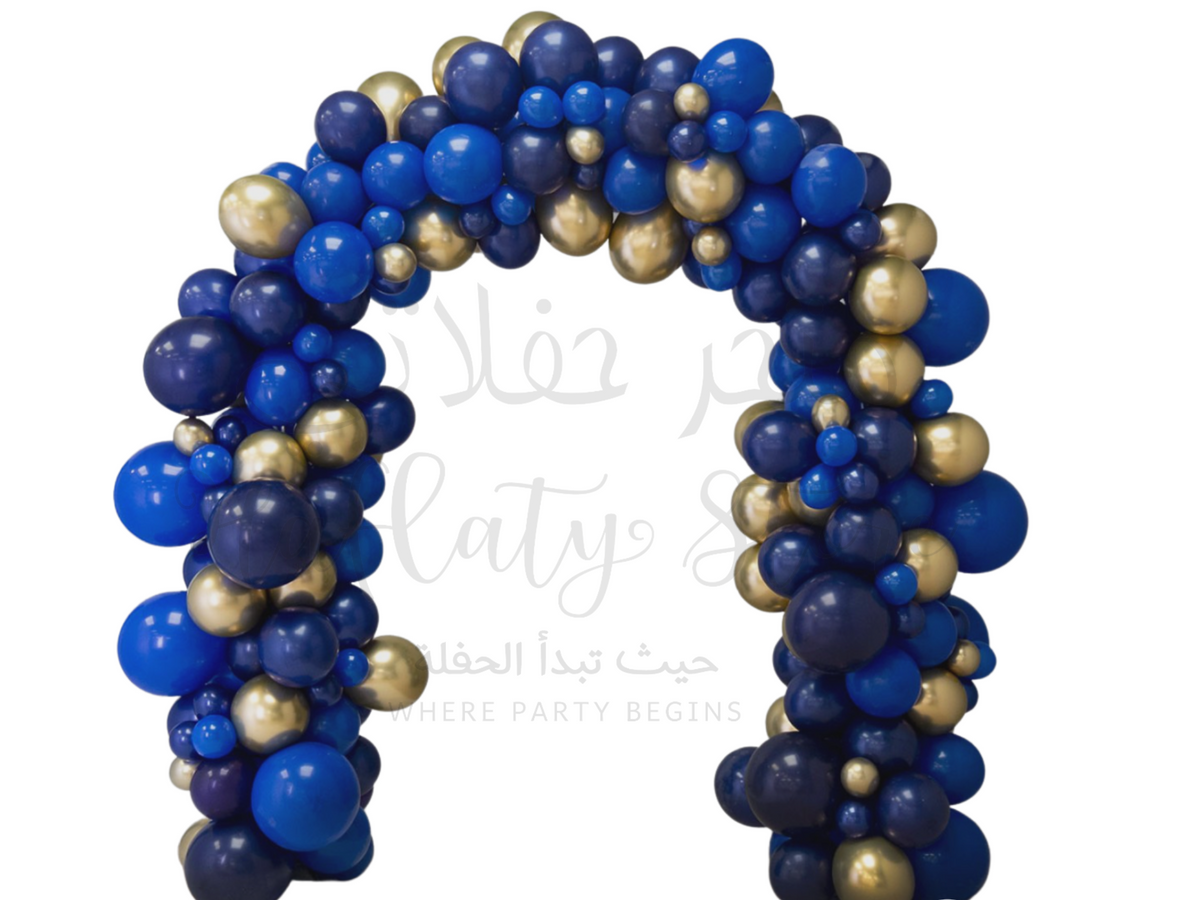 Blue &amp; Chrome Gold Balloon Arch
