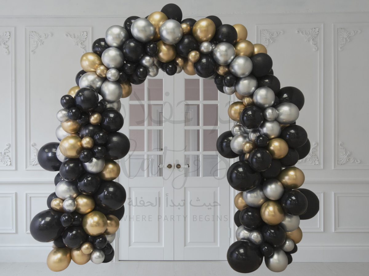 Black, Chrome Gold &amp; Silver Balloon Arch