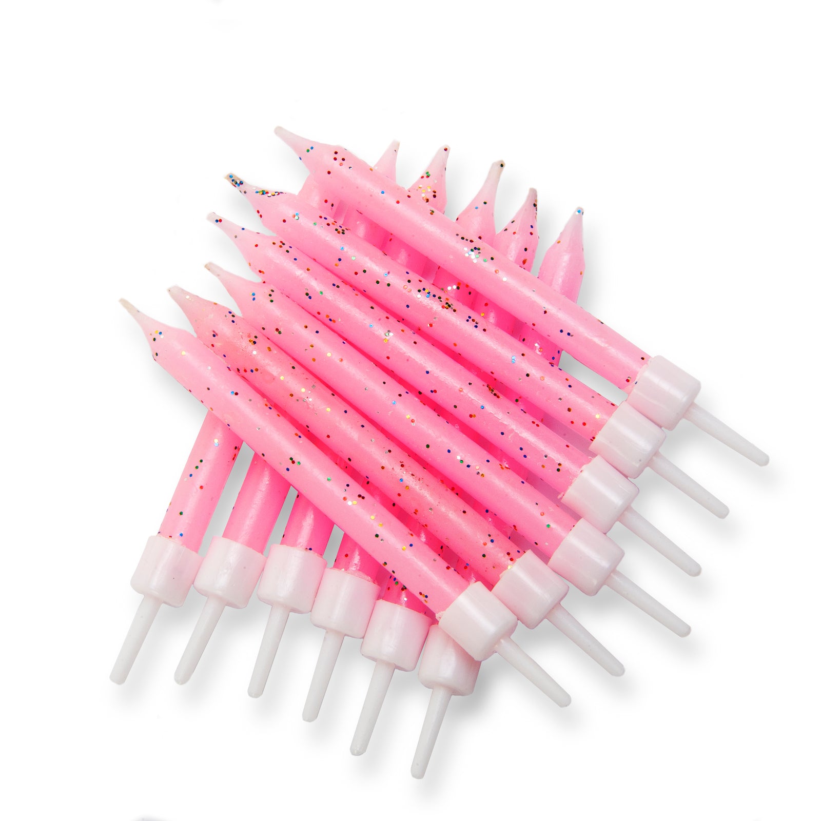 Glitter Pink Birthday Cake Candles with Holders 