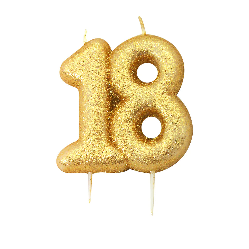 Age 18 Glitter Numeral Moulded Pick Candle Gold