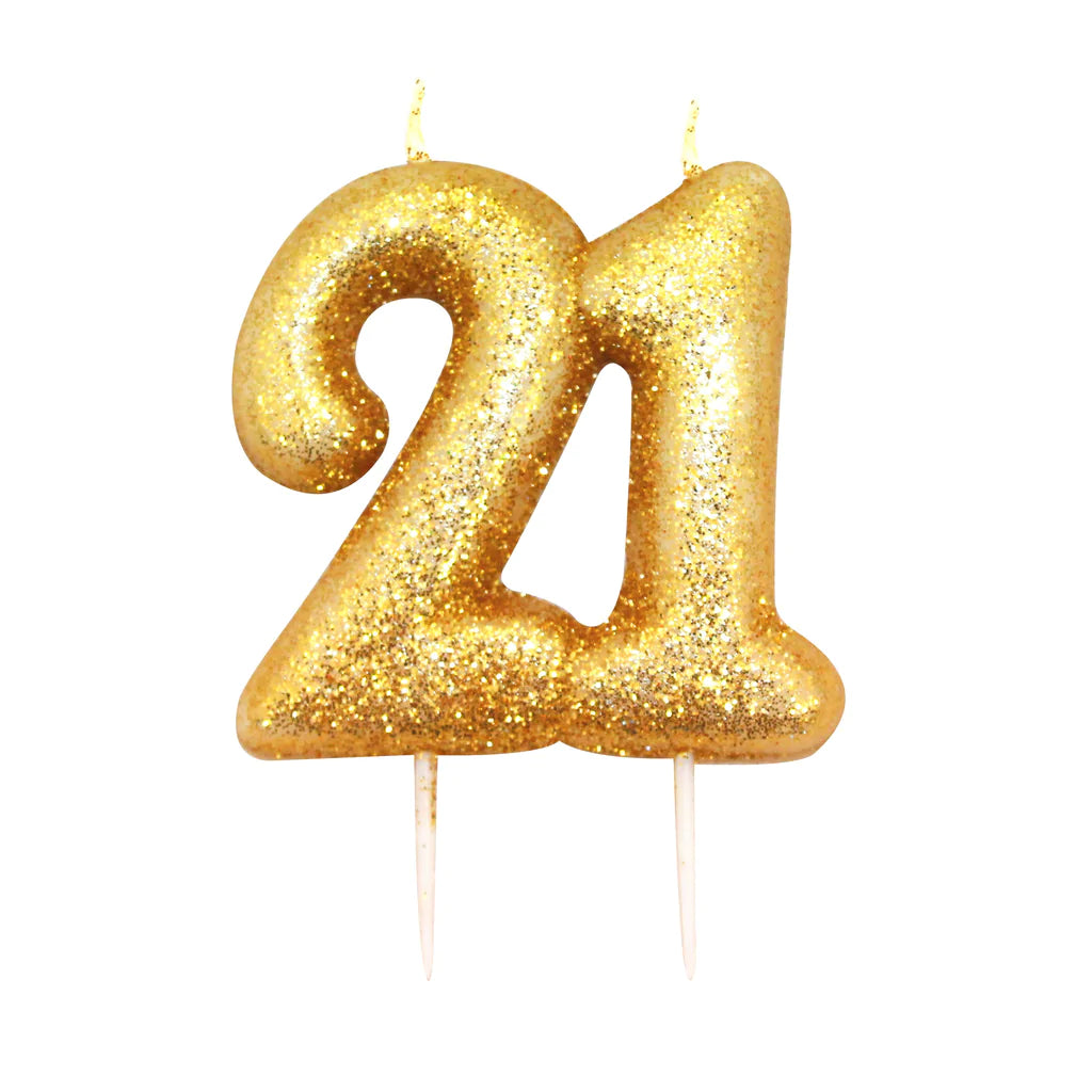 Age 21 Glitter Numeral Moulded Pick Candle Gold