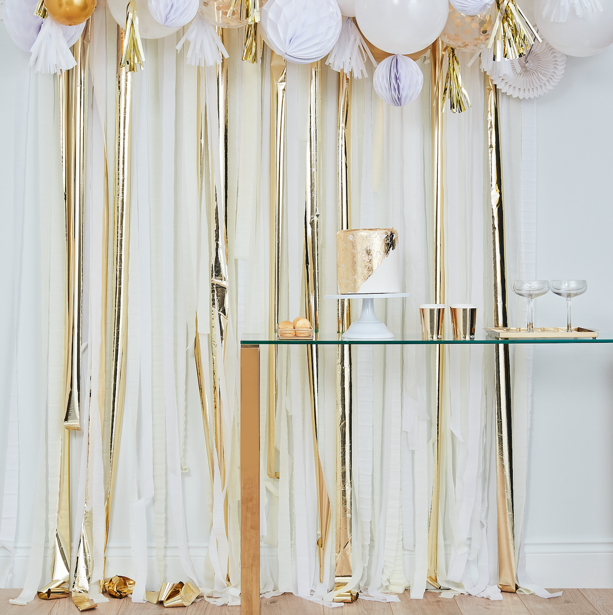 Gold Metallic Party Streamers Backdrop