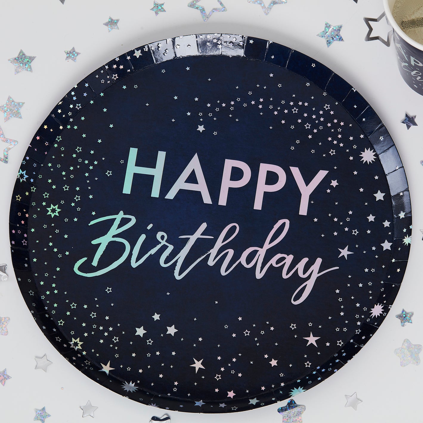 Iridescent Foiled Happy Birthday Paper Plates Stargazer