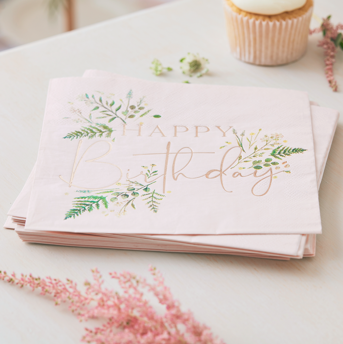 Floral Pink Happy Birthday Napkins 