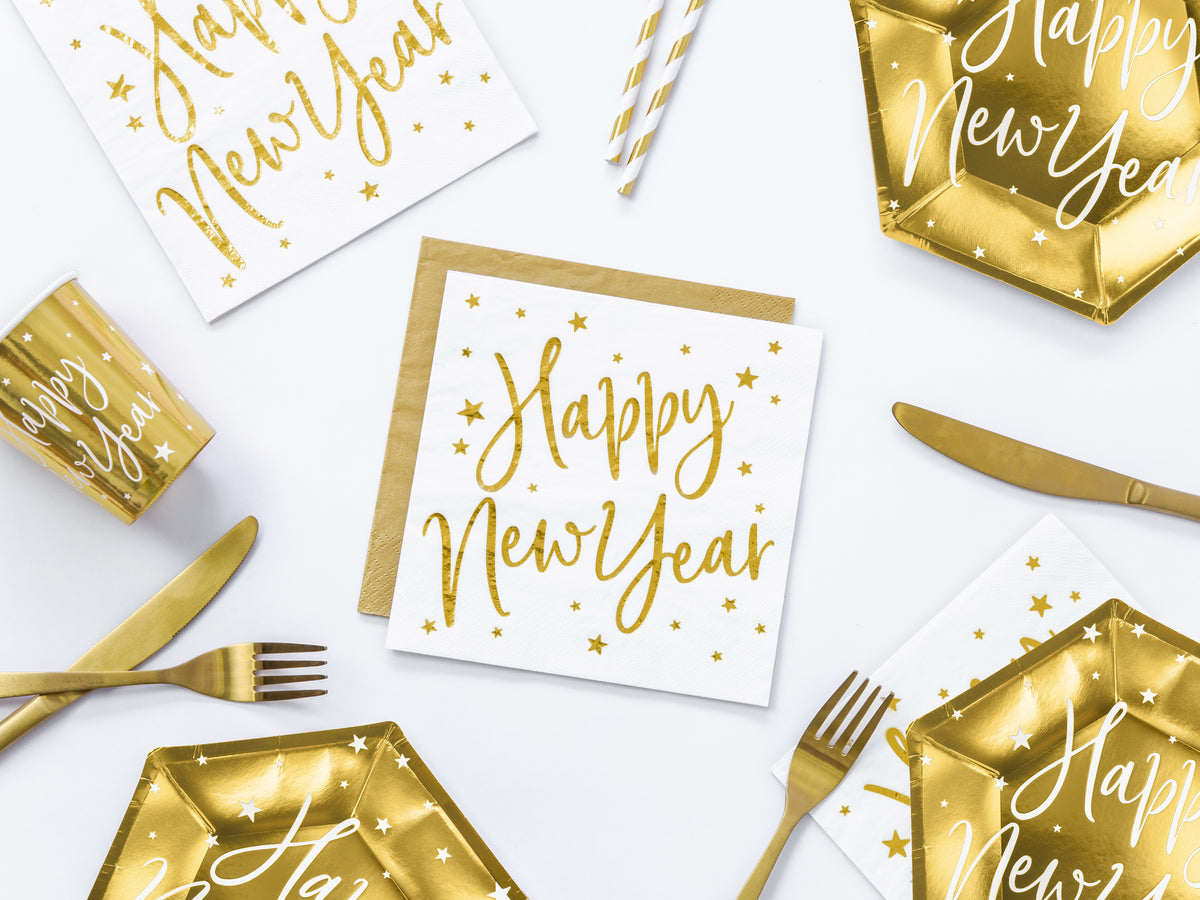 Happy New Year White &amp; Gold Napkins 