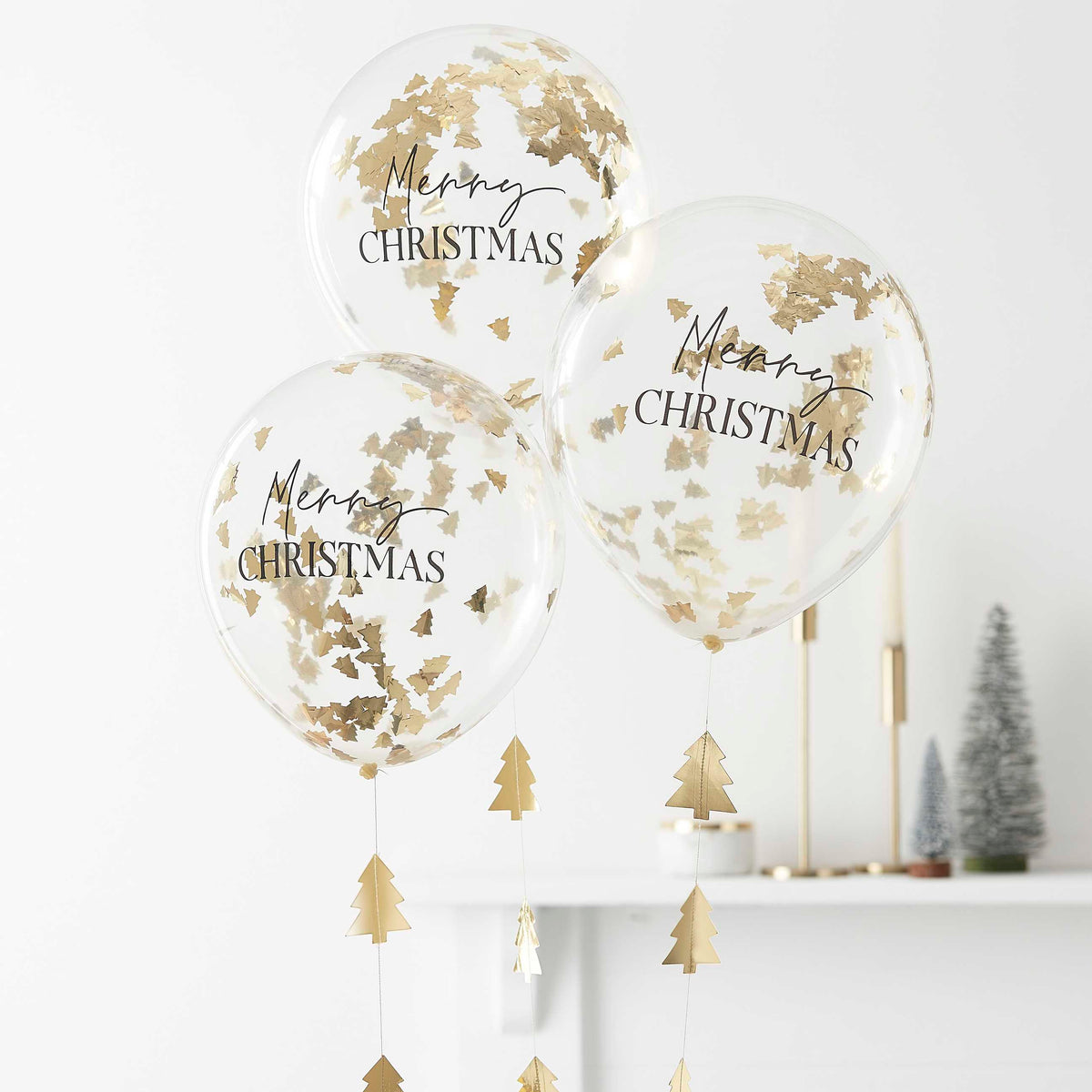 Merry Christmas Confetti Balloons with Gold Christmas Tree Balloon Tails