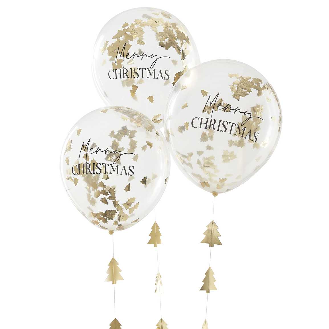 Merry Christmas Confetti Balloons with Gold Christmas Tree Balloon Tails