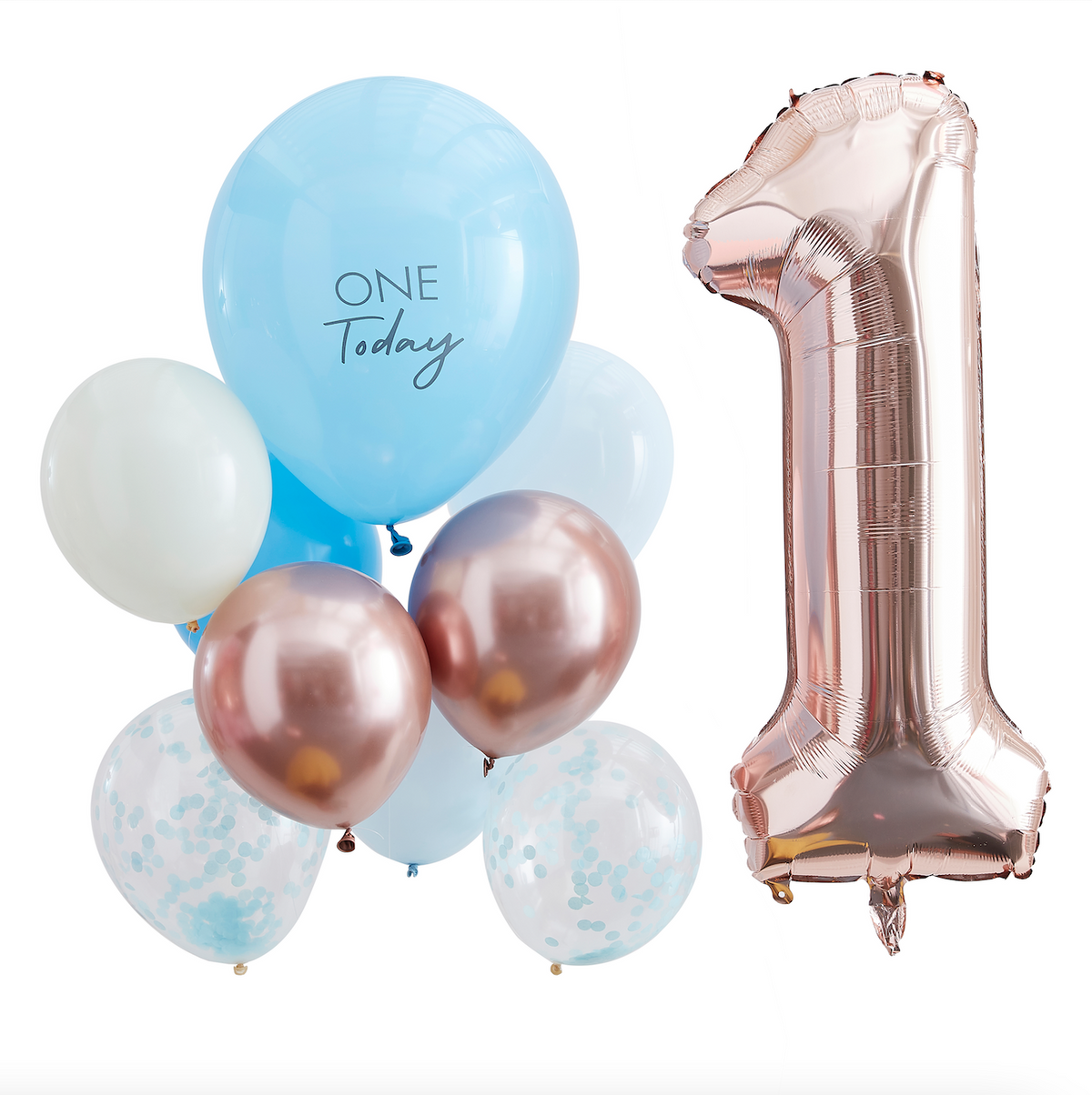 Blue and Rose Gold First Birthday Balloons
