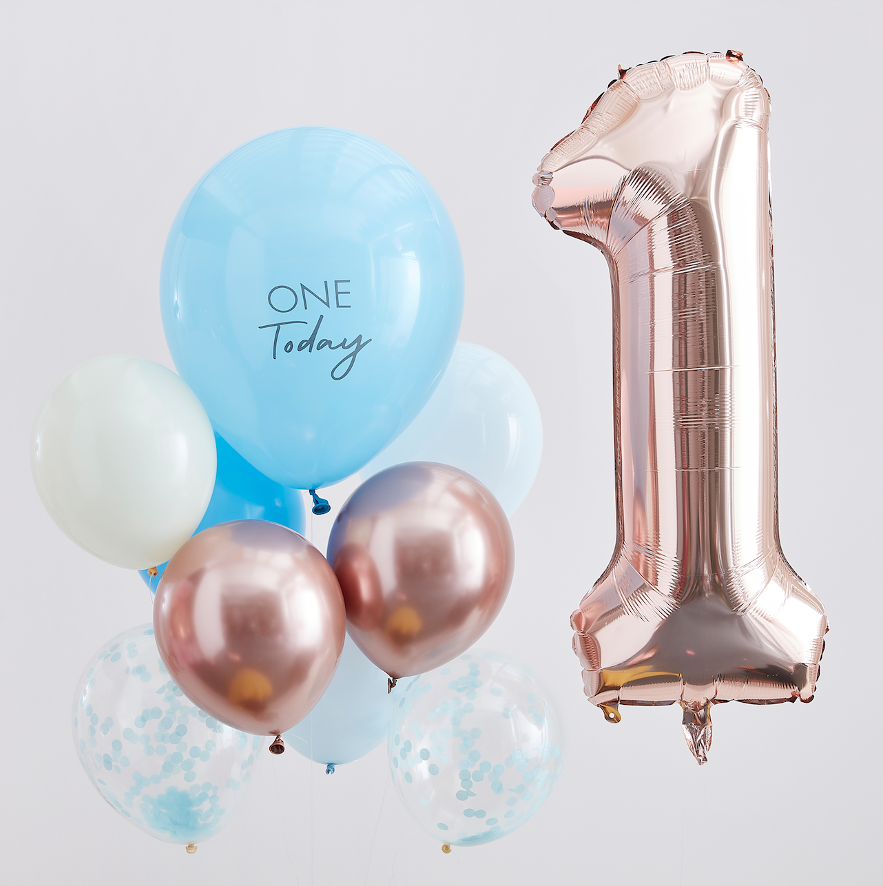 Blue and Rose Gold First Birthday Balloons