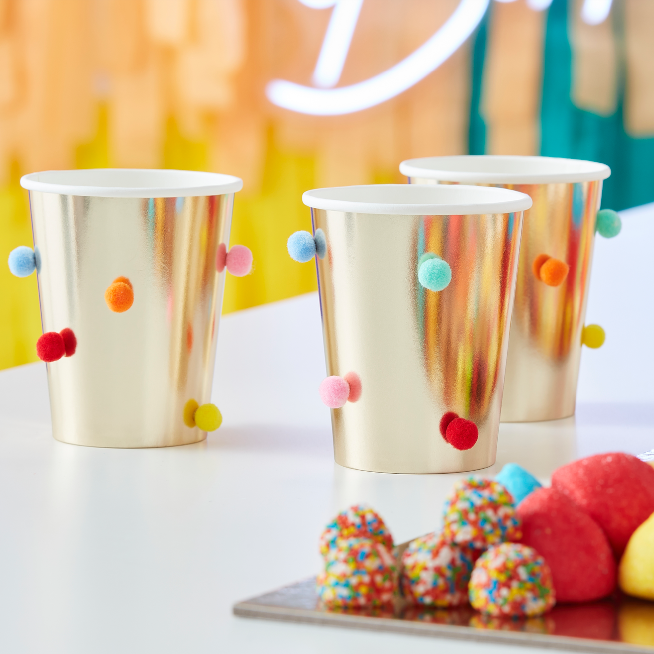 Rainbow Pom Pom Gold Party Cups 