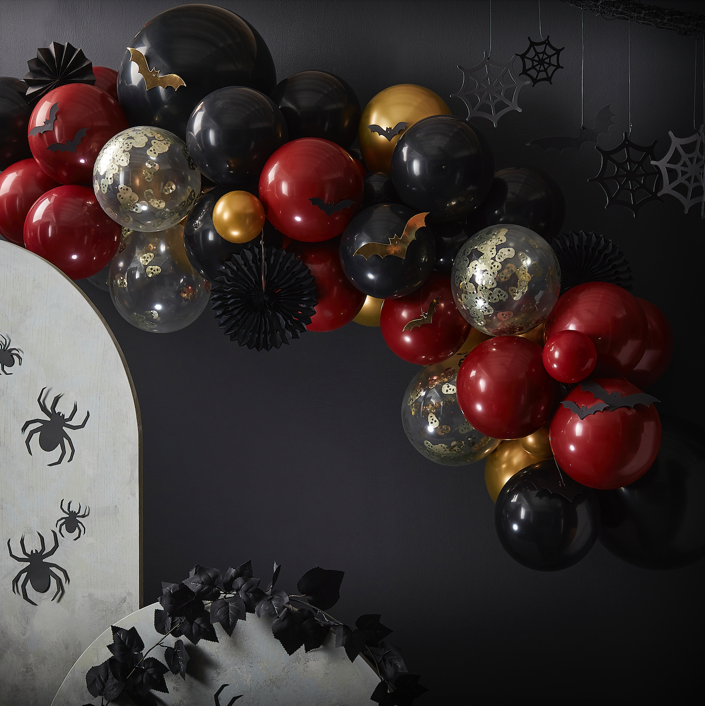 Gold, Black, and Deep Red Halloween Balloon Arch Kit with Cobwebs and Bats