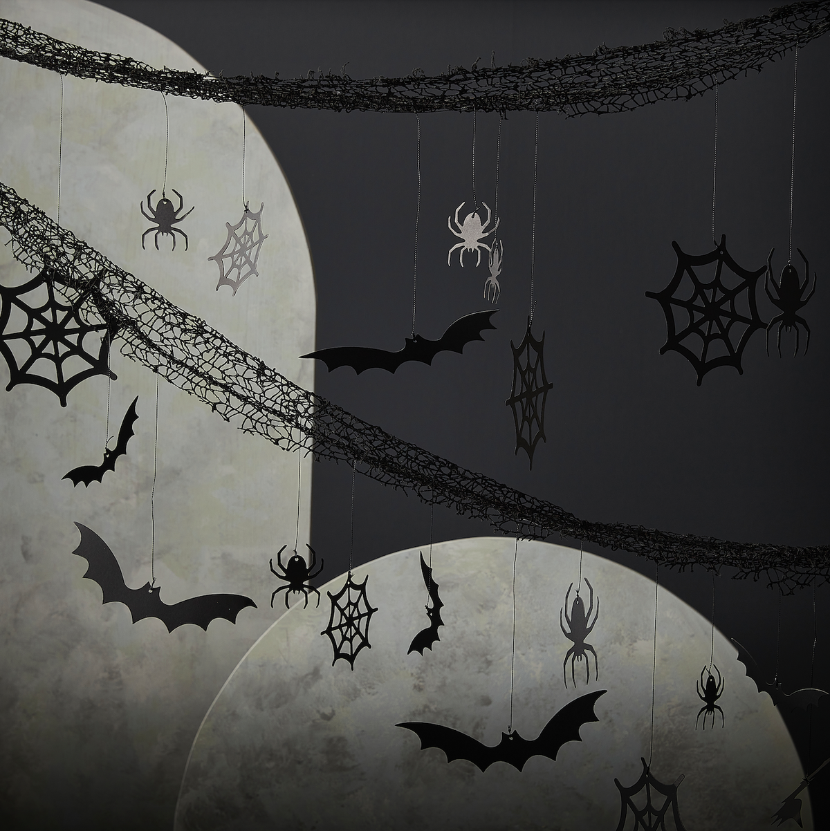 Halloween Backdrop with Hanging Spiders, Bats and Cobwebs
