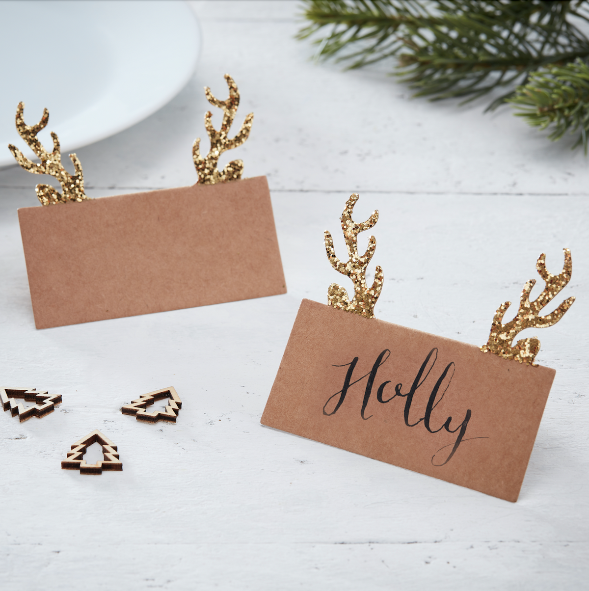 Gold Glitter Kraft Antler Christmas Place Cards