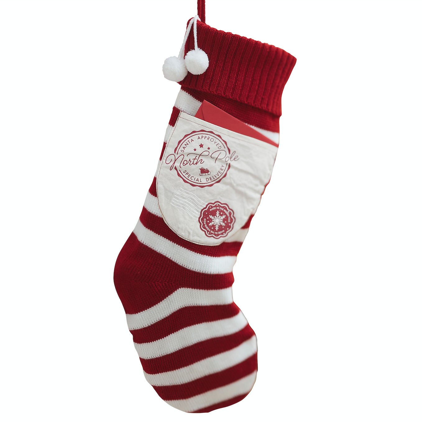 Red and White Knitted Christmas Stocking with Pocket