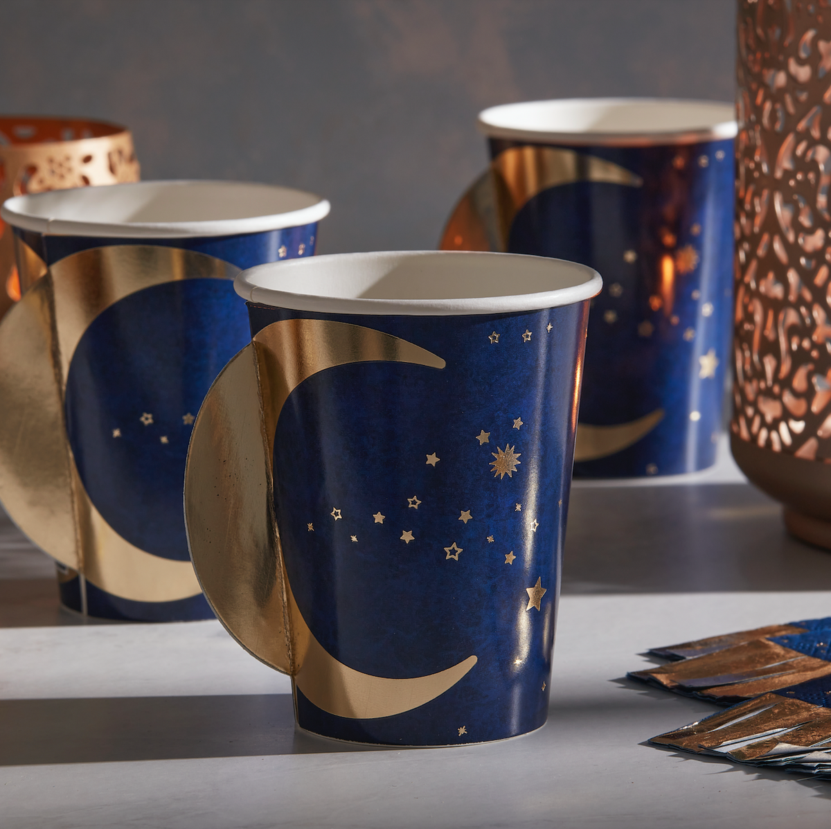 Navy &amp; Gold Pop Out Moon Eid Paper Cups