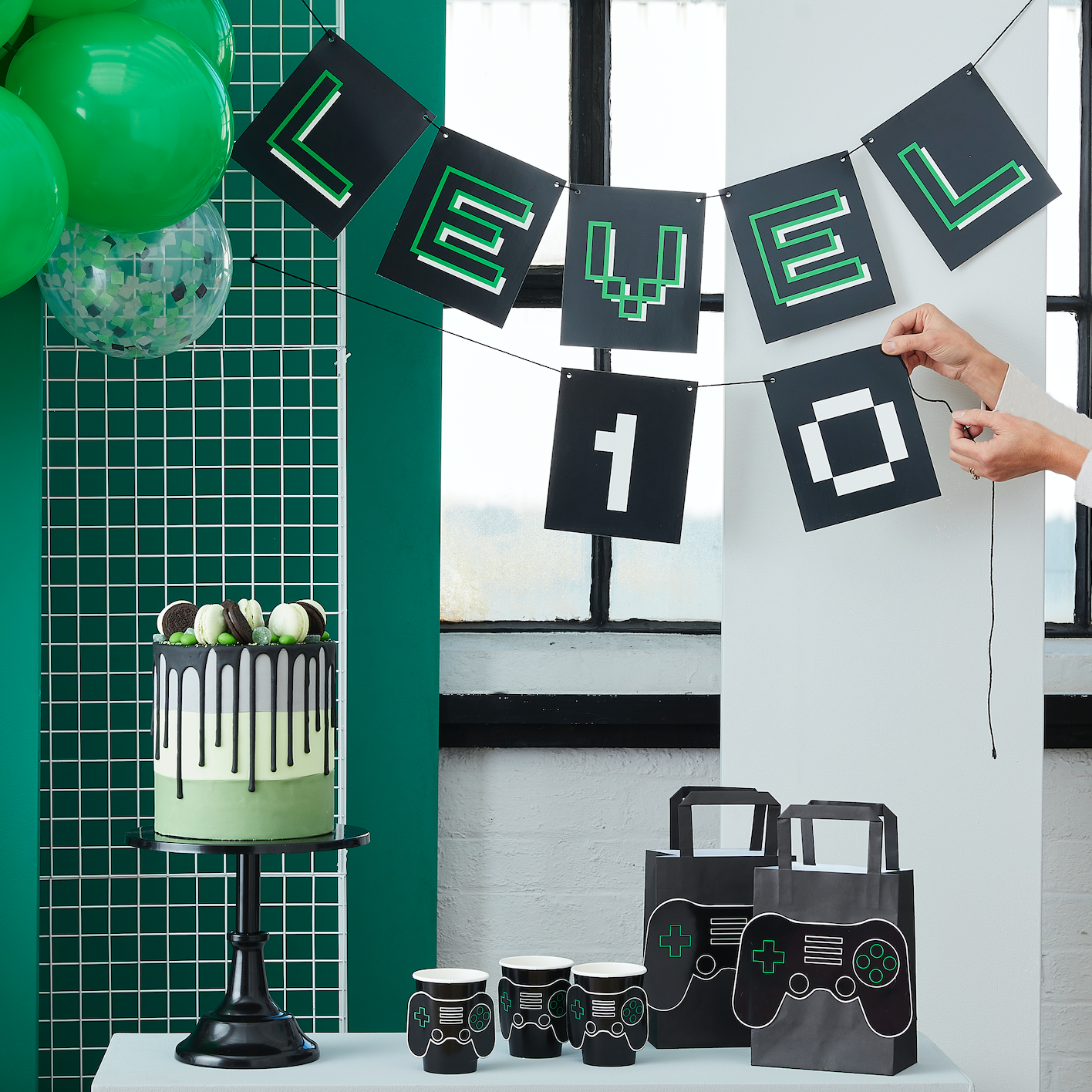 Customizable Age Black and Green Level Up Bunting