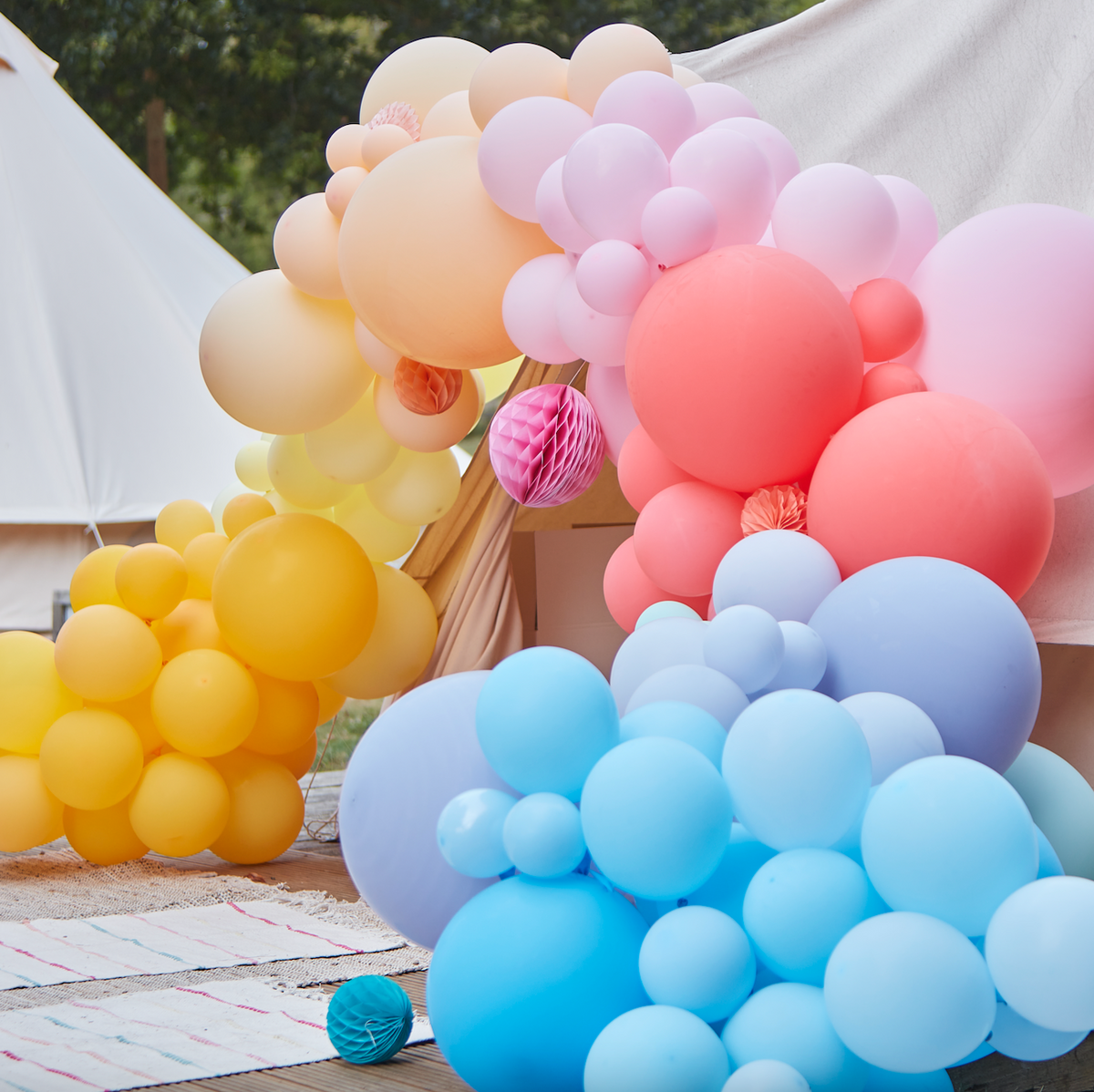 Luxe Bright Balloon Arch with Paper Honeycombs