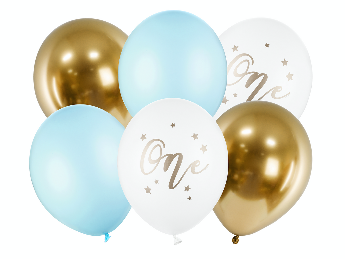 Light Blue &amp; Gold 1st Birthday Balloon Bouquet