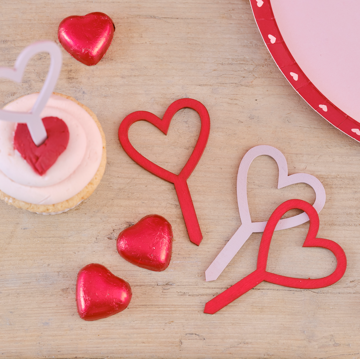 Wooden Red and Pink Heart Cupcake Toppers