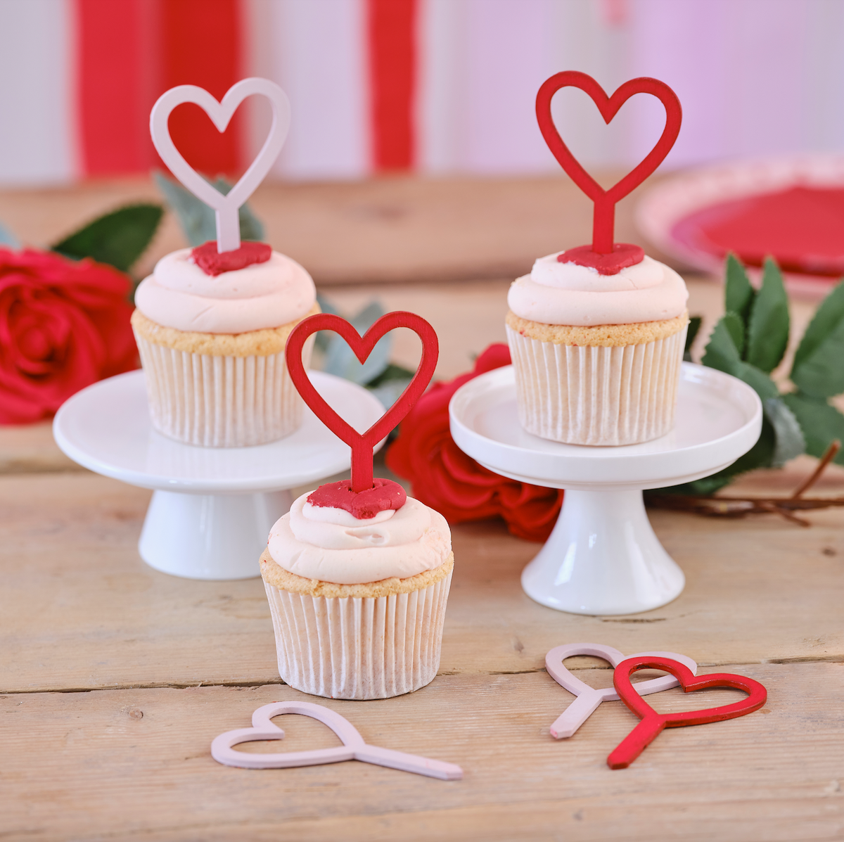 Wooden Red and Pink Heart Cupcake Toppers