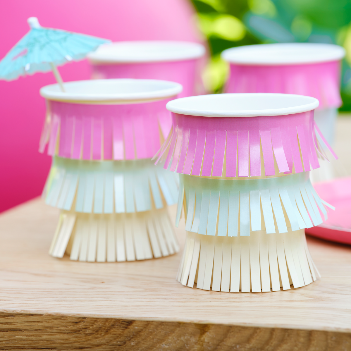 Hawaiian Tassel Fringe Paper Cups with Flower Toppers