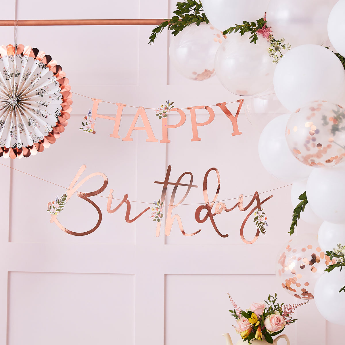 Floral Rose Gold Happy Birthday Banner