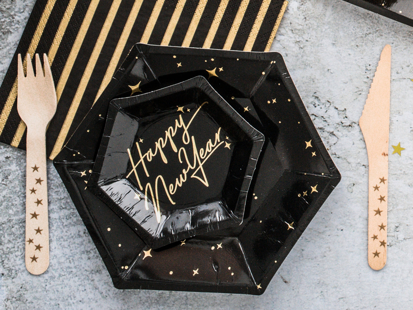Black & Gold Star Dessert Plates