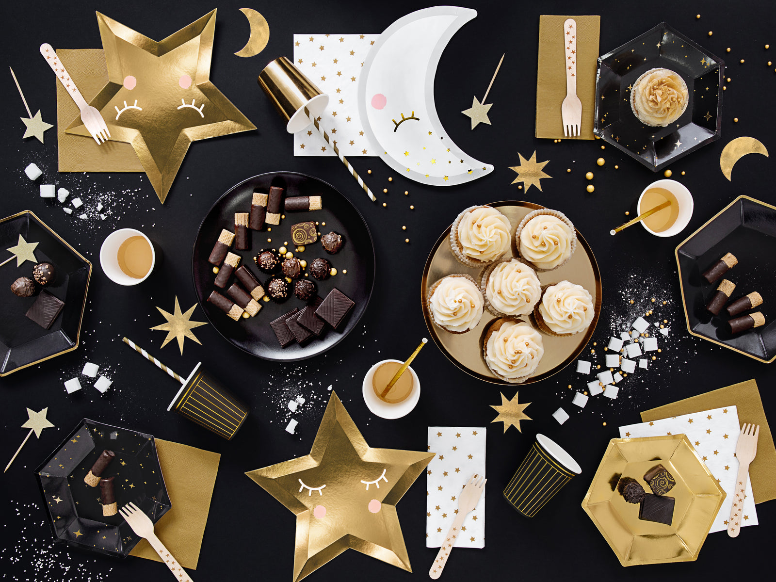 Black & Gold Star Dessert Plates
